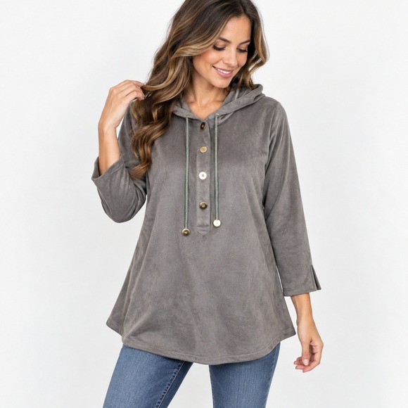 Gretchen Scott Tops - Gretchen Scott Womens Gray Hooded Henley Tunic Top Size S A-Line Pullover